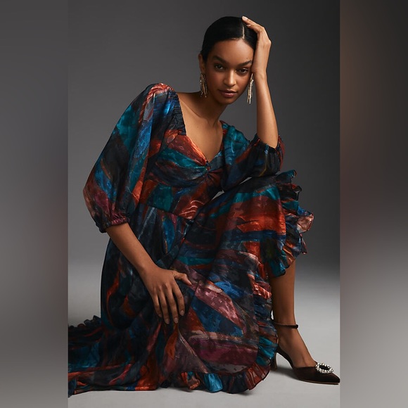 Hutch Printed Twist-Front Puff-Sleeve Ruffle-Hem Dress in Blue Motif - Picture 3 of 9